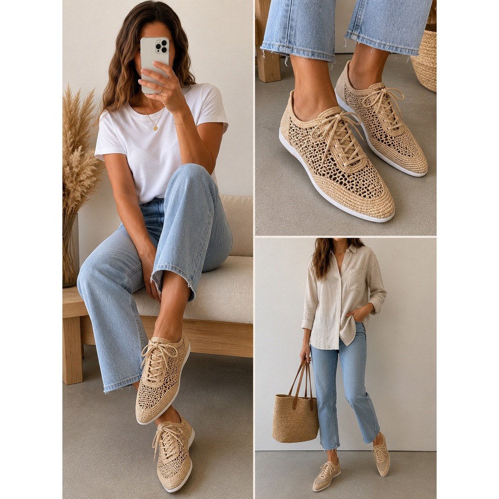 Via Spiga Womens Giana Woven Raffia Sneakers Beige Tan Lace Up Shoes US 8M
